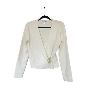 Lilllie Rubin Womens Cream V-Neck Long Sleeve Ribbed Wrap Top Size Large